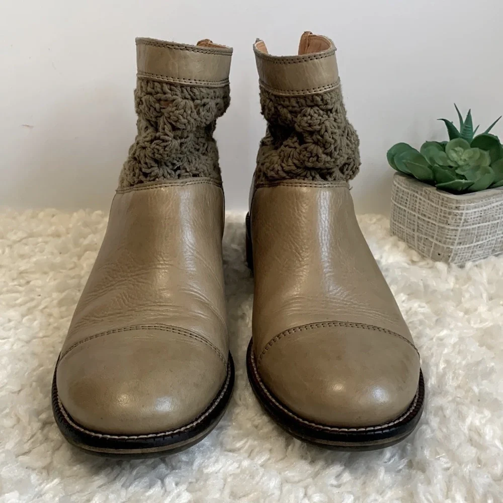 LATIGO Carly tan taupe Brown Leather Knit Crochet booties ankle Boots